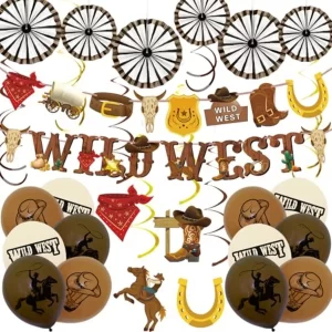 30 PCS Wild West Cowboy Party Decorations with Banners Hanging Swirls Ceiling Streamers Balloons Paper Wheel Decorations for Bi