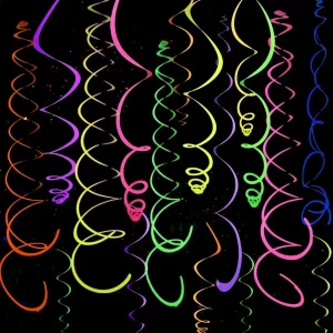 56 PCS UV Colorful Ceiling Swirl Decoration Hanging Paper Neon Streamer for Ceiling Neon Garlands Black Light Neon Decorations