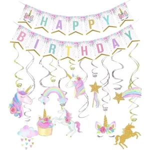 Unicorn Birthday Decorations for Girls' Birthday Party: Includes Unicorn Party Banner Hanging Swirls and Party Favors Magical T