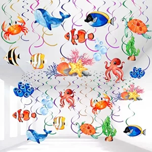 54 Pcs Under The Sea Party Decorations Ceiling Hanging Swirls Ocean Party Decorations Sea Animals Fish Themed Party Supplies fo