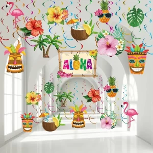 30 Pieces Hawaiian Luau Birthday Party Hanging Swirl Decorations Flower Tropical Palm Flamingo Sign Foil Ceiling Decor for Flor