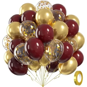 60pcs Burgundy and Gold Balloons 12inch Maroon and Gold Balloons with Metallic Gold Confetti Balloons for Graduation Birthday B