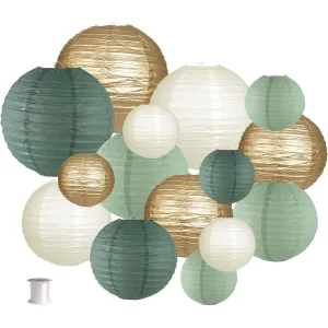 Decorative Round Hanging Paper Lanterns for Rustic Party Bridal Shower Wedding and Birthday Celebrations in Sage Green Gold and