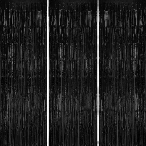 3 Pack Foil Fringe Backdrop - Black Shiny Tinsel Curtains for Party Decoration and Photo Booth Props in Birthday Wedding Gradua