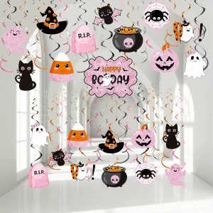 53 Pcs Halloween Hanging Swirl Decorations - Vibrant Indoor Outdoor Ceiling Streamers with Witch Pumpkin Ghost Cutouts for Offi
