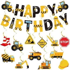 27 Pcs Construction Happy Birthday Banner Vehicle Truck Hanging Swirls Construction Party Ceiling Streamers Decoration for Birt