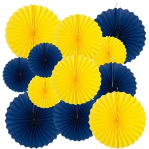 Royal Blue and Yellow Paper Fans Party Decoration Wall Background Ceiling Hanging Decoration for Eid Ramadan Festival Birthday
