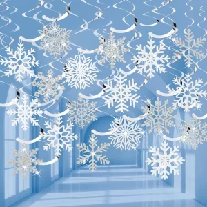 30Pcs Winter Snowflake Hanging Swirl Decorations White Silver Christmas Glitter Snowflake Hanging Swirls Ornaments Ceiling Stre