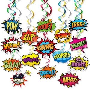 Superhero Hanging Swirls 30 Pack Hero Action Sign Foil Ceiling Hanging Swirls Streams Banner Decor for Superhero Baby Shower Ce